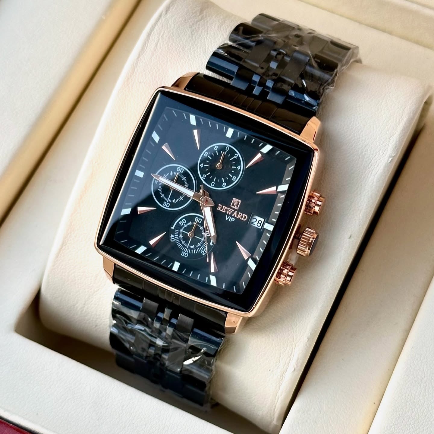 Men’s Premium Square Dial Chronograph Watch by REWARD – Black & Rose Gold
