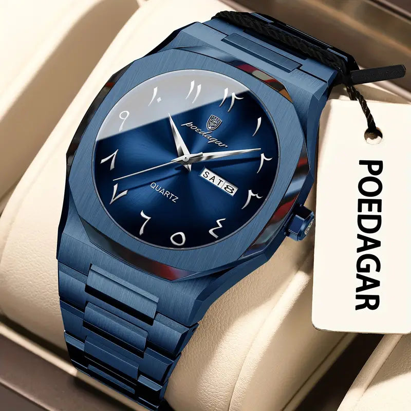 POEDAGAR Blue Luxury Quartz Watch with Arabic Numerals & Day-Date Display