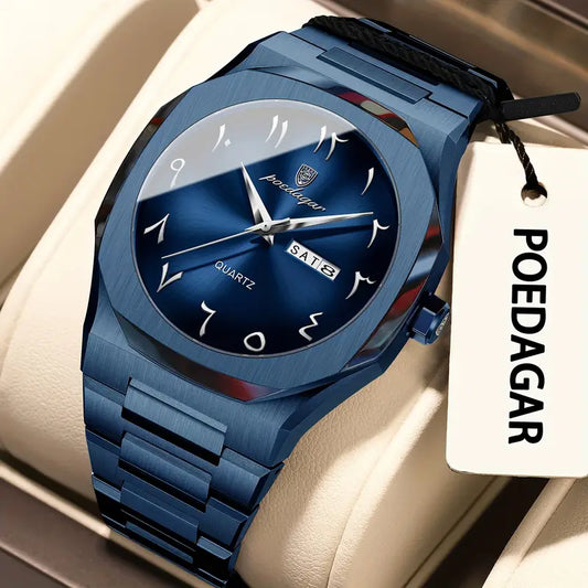 POEDAGAR Blue Luxury Quartz Watch with Arabic Numerals & Day-Date Display