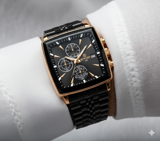 Men’s Premium Square Dial Chronograph Watch by REWARD – Black & Rose Gold