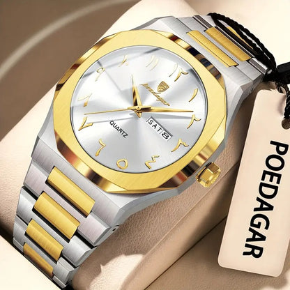 POEDAGAR Blue Luxury Quartz Watch with Arabic Numerals & Day-Date Display