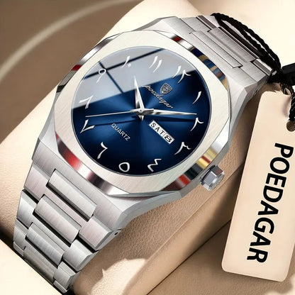 POEDAGAR Blue Luxury Quartz Watch with Arabic Numerals & Day-Date Display